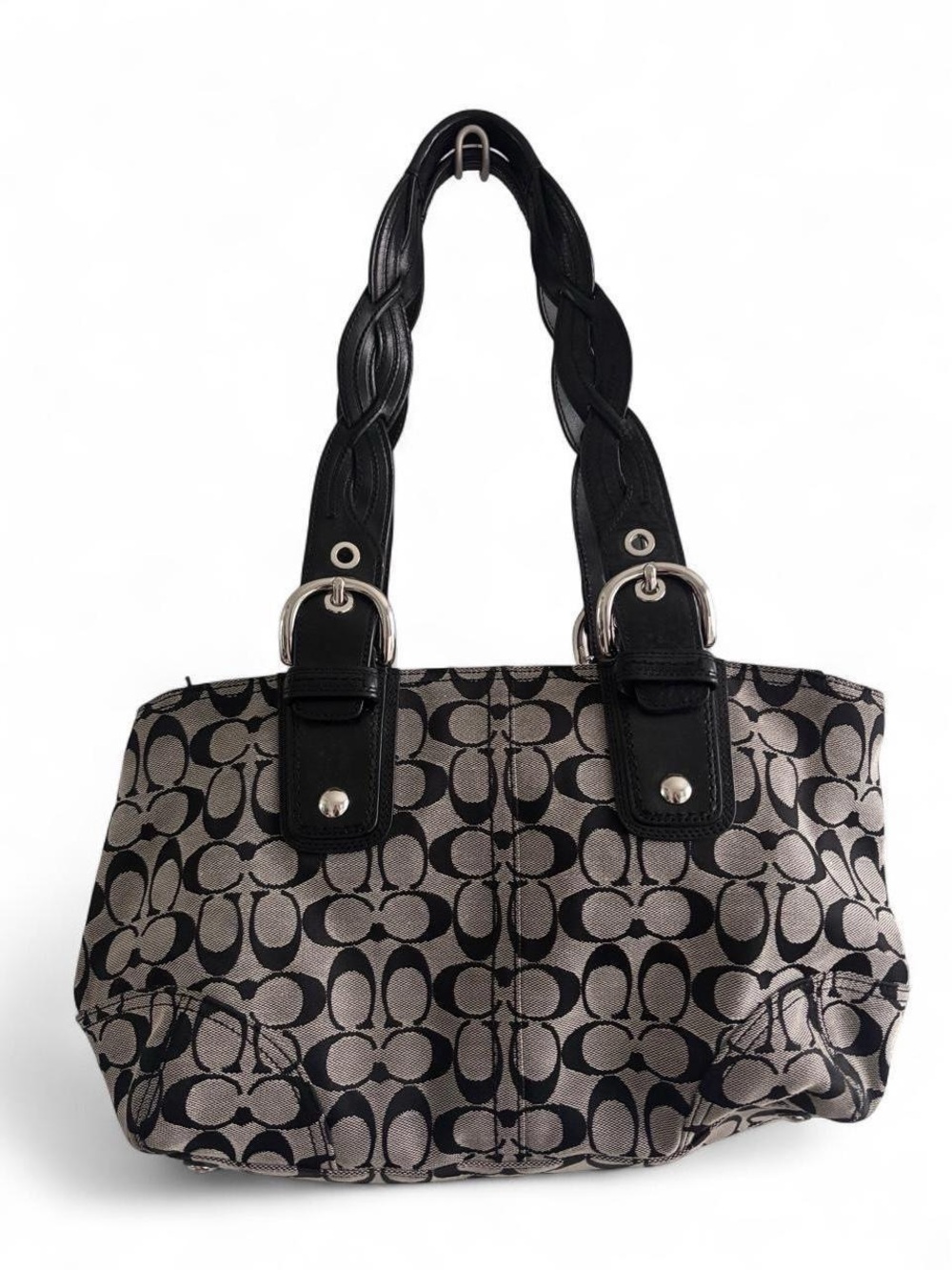 Coach Bag Black and Gray Signature Shoulder Bag with Braided Straps